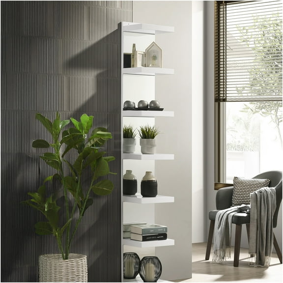 JERFIT Modern 7-Tier Floor Shelf with Mirror Back, Open Bookcase Display Rack for Living Room, Cream White