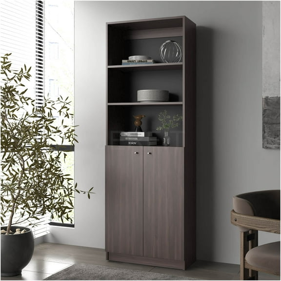 JERFIT Modern 71" Bookcase with Doors & Shelves, Dark Walnut Storage Cabinet for Living Room, Office, Bedroom