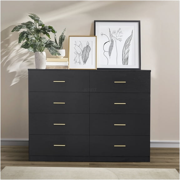 JERFIT Modern 8-Drawer Dresser, Black Chest of Drawers with Ample Storage for Bedroom, Contemporary Wide Dresser
