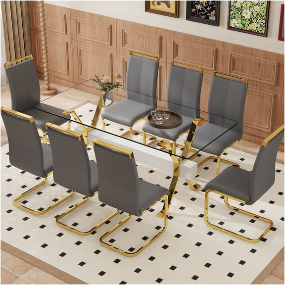 JERFIT Modern 8-Person Dining Table Set with Transparent Glass Top and Gray PU Chairs, Gold Metal Legs for Kitchen Restaurant