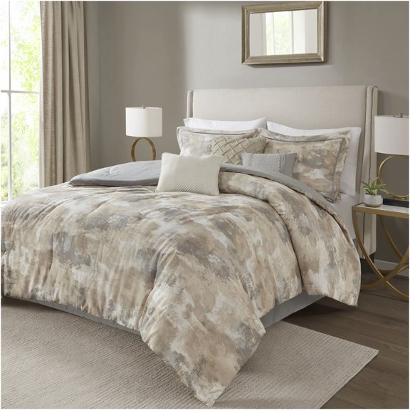 JERFIT Modern Abstract 7-Piece King Comforter Set, Multicolor Textured Bedding with Decorative Pillows & Bed Skirt