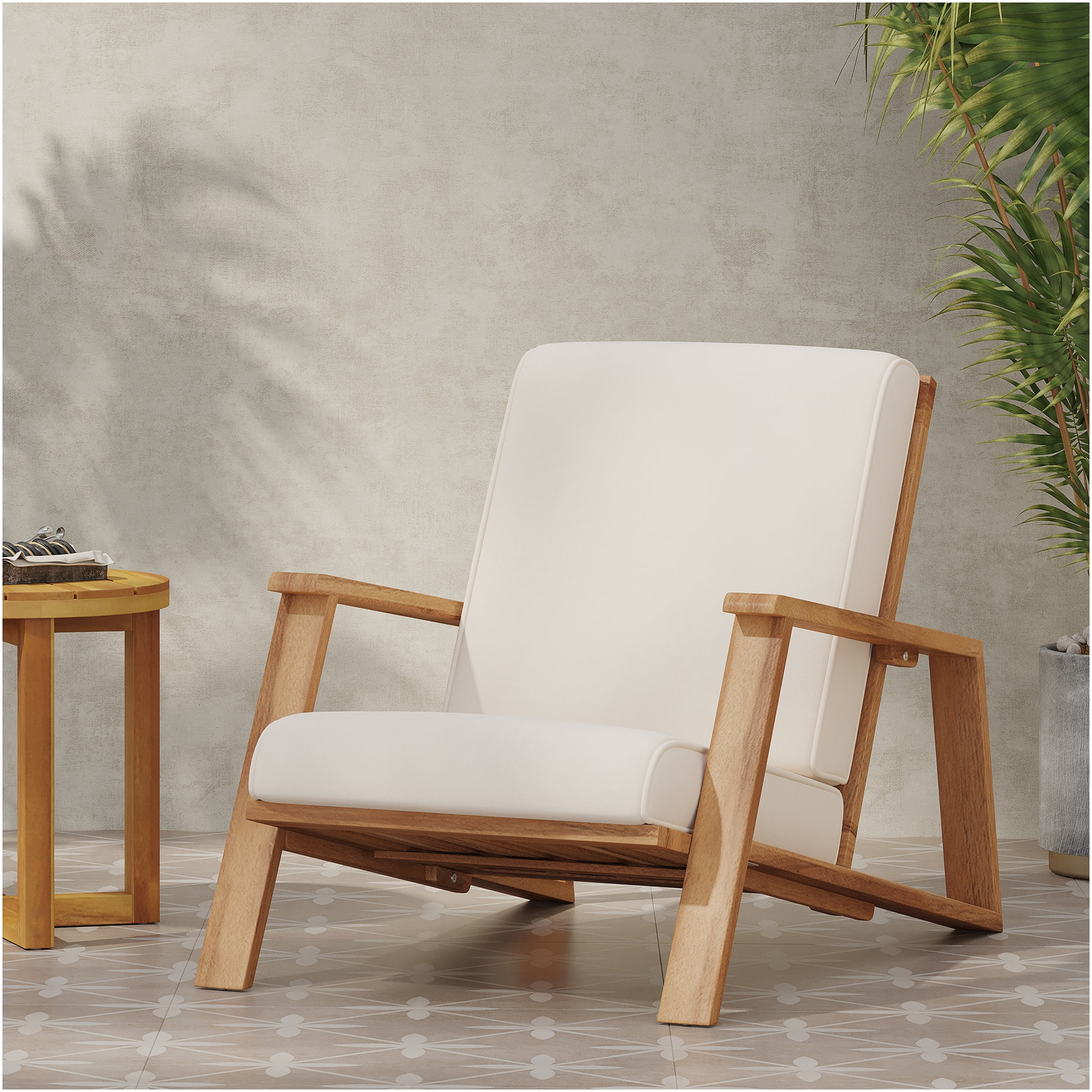 JERFIT Modern Acacia Wood Adirondack Chair with Cushion, Beige Outdoor Patio Club Chair for Garden, Poolside, Fire Pit, Weather-Resistant