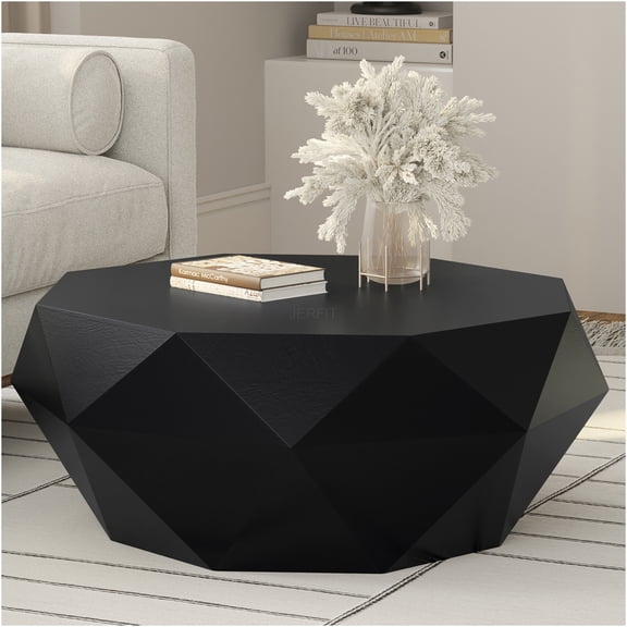 JERFIT Modern Acacia Wood Coffee Table, 35 inch Geometric Drum Cocktail Table for Living Room, Black Industrial Center Table