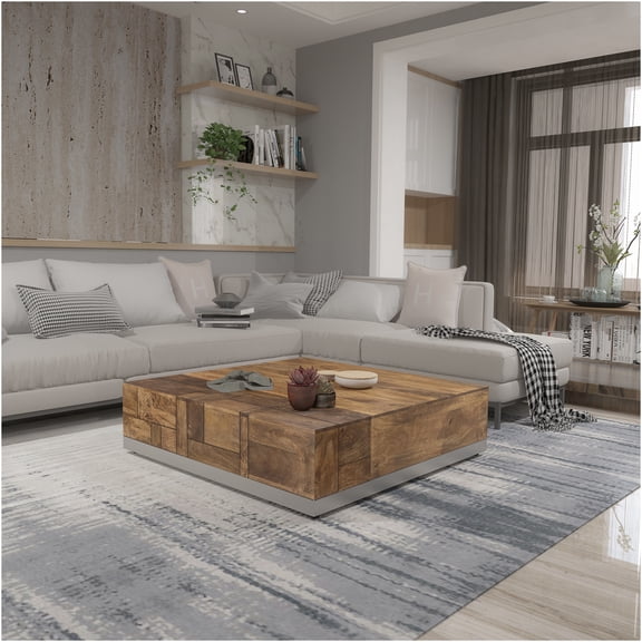 JERFIT Modern Acacia Wood Coffee Table with Storage Shelf, Geometric Design Console Table for Living Room, Sofa Table, End Table