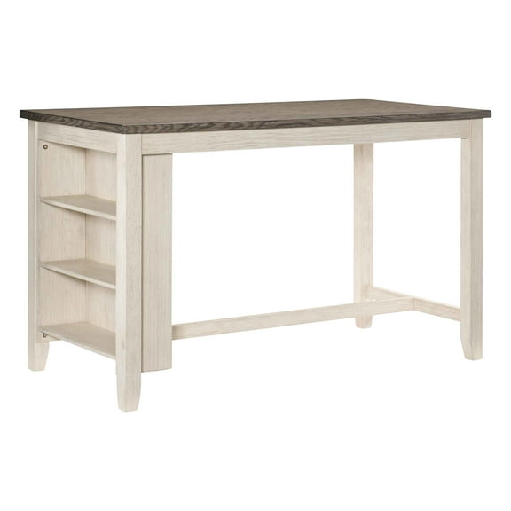 JERFIT Modern Acacia Wood Counter Height Dining Table with Built-in Display Shelves, Antique White Finish, Multifunctional Kitchen Island Desk for Small Space