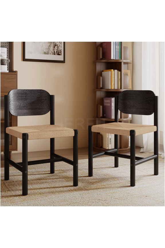 Modern Acacia Wood Dining Chairs Set of 2, Black Boho Paper Rope Seat Kitchen Side Chairs for Indoor Dining Room Decor