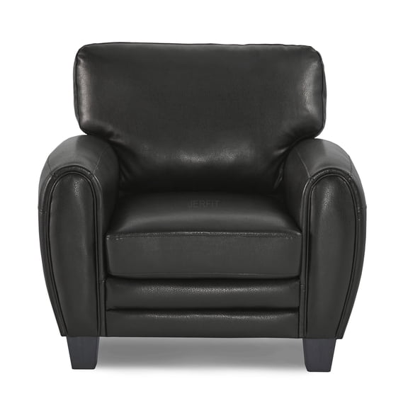 JERFIT Modern Accent Chair, Black Faux Leather Upholstered Armchair with Solid Wood Frame for Living Room, Retro Style Lounge Chair