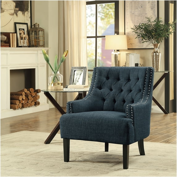 JERFIT Modern Accent Chair with Button Tufted Back and Nailhead Trim, Indigo Textured Polyester Fabric Upholstery for Living Room, Bedroom