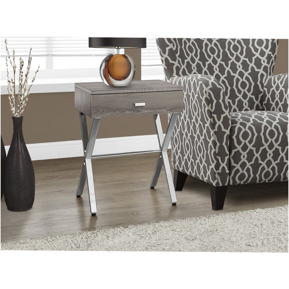 JERFIT Modern Accent Side Table with Storage Drawer, Taupe Laminate & Chrome X-Base for Living Room, Bedroom, Nightstand
