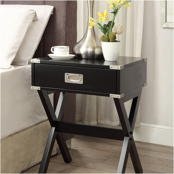 JERFIT Modern Accent Table with Drawer, Black End Table Nightstand for Bedroom Living Room, Small Side Table with X-Base