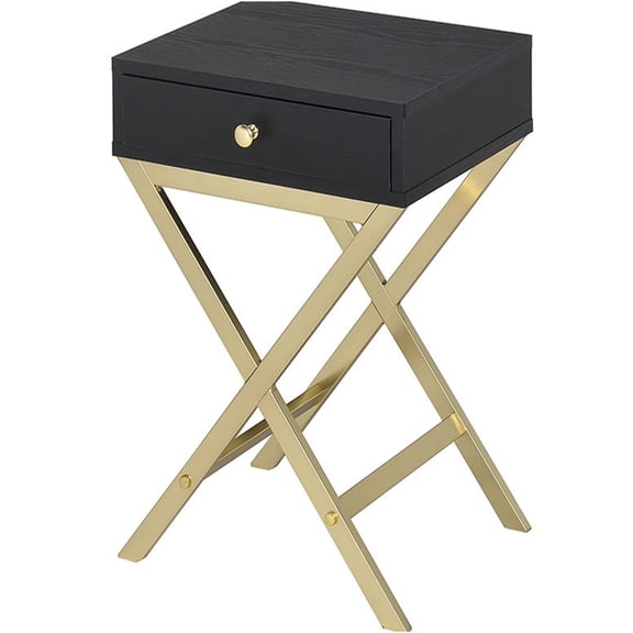 JERFIT Modern Accent Table with Drawer, Black and Gold End Table for Living Room, Small Nightstand with X-Base for Bedroom, Office