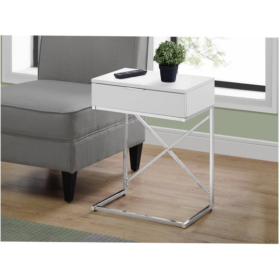 JERFIT Modern Accent Table with Drawer, Glossy White Nightstand or End Table with Chrome X-Base for Bedroom Living Room