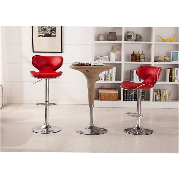 JERFIT Modern Adjustable Swivel Bar Stools Set of 2, Faux Leather Counter Height Stools with Chrome Base and Footrest, Red