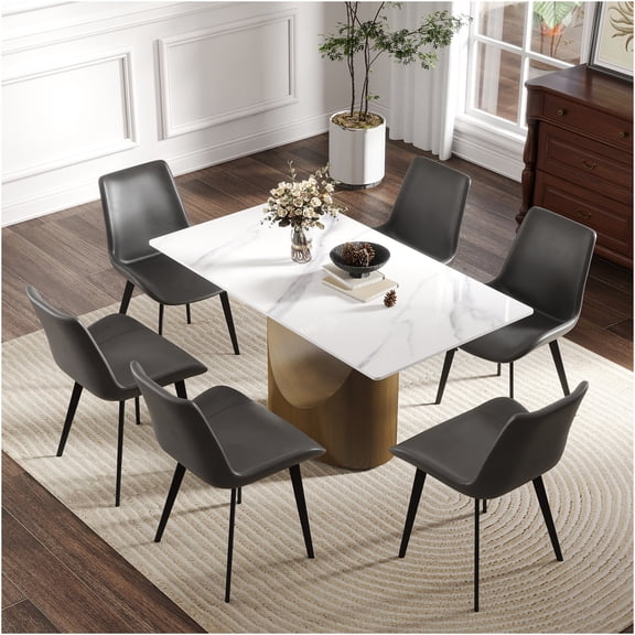 JERFIT Modern Antique Brass and White Sintered Stone Dining Table for 6, Rectangular Kitchen Table with Metal Legs, Durable Easy-Clean Surface