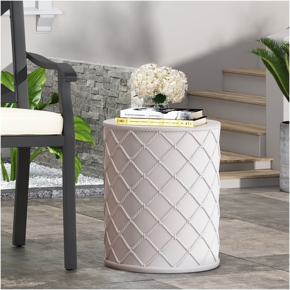 JERFIT Modern Antique White Outdoor Indoor End Table with Nautical Rope Design, Lightweight Magnesium Oxide Side Table, No Assembly Required