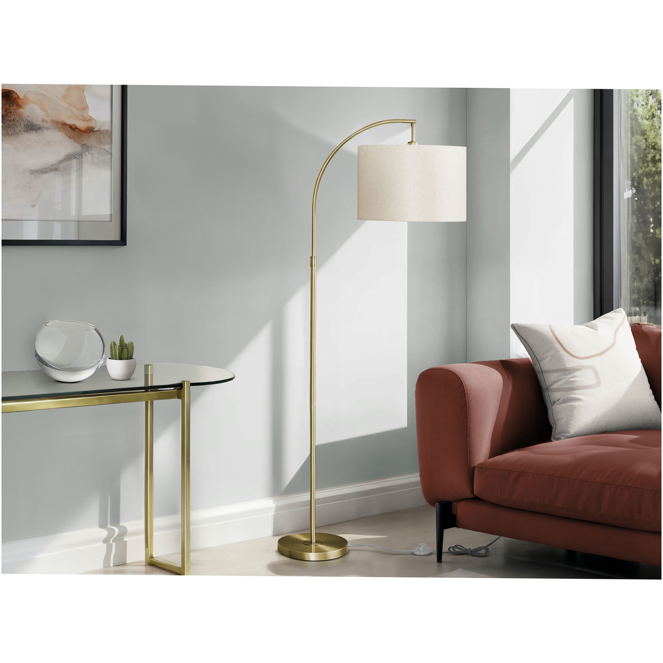 JERFIT Modern Arc Floor Lamp with Drum Shade, Gold Metal Floor Light for Living Room, Bedroom & Office, Adjustable Standing Lamp with On/Off Foot Switch