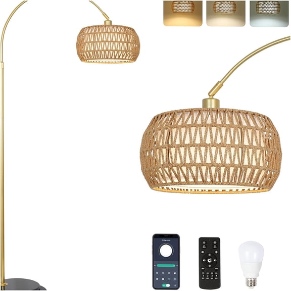 JERFIT Modern Arc Floor Lamp with Remote, Dimmable Smart LED Bulb, Adjustable Height Standing Lamp for Living Room, Rattan Shade Over Couch Light, Brown and Black