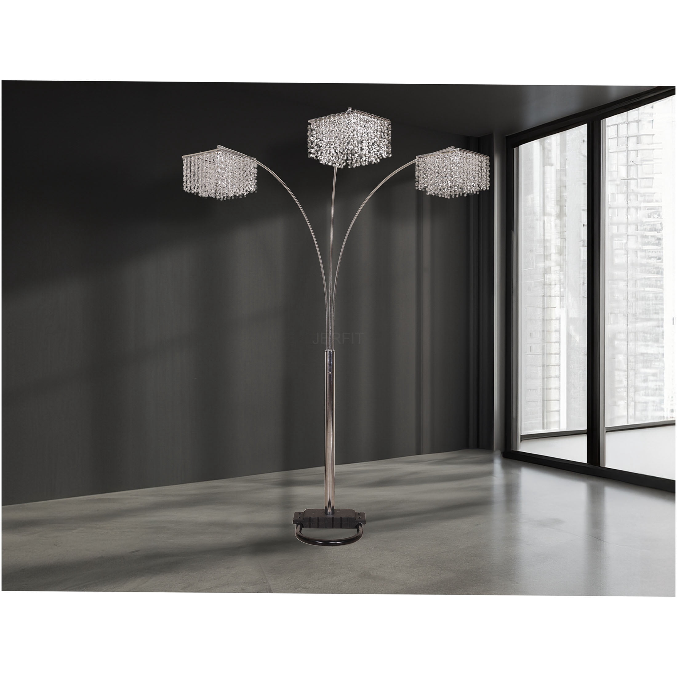 JERFIT Modern Arc Floor Lamp with Crystal Accents, Multi-Head Adjustable Standing Light for Living Room, Silver