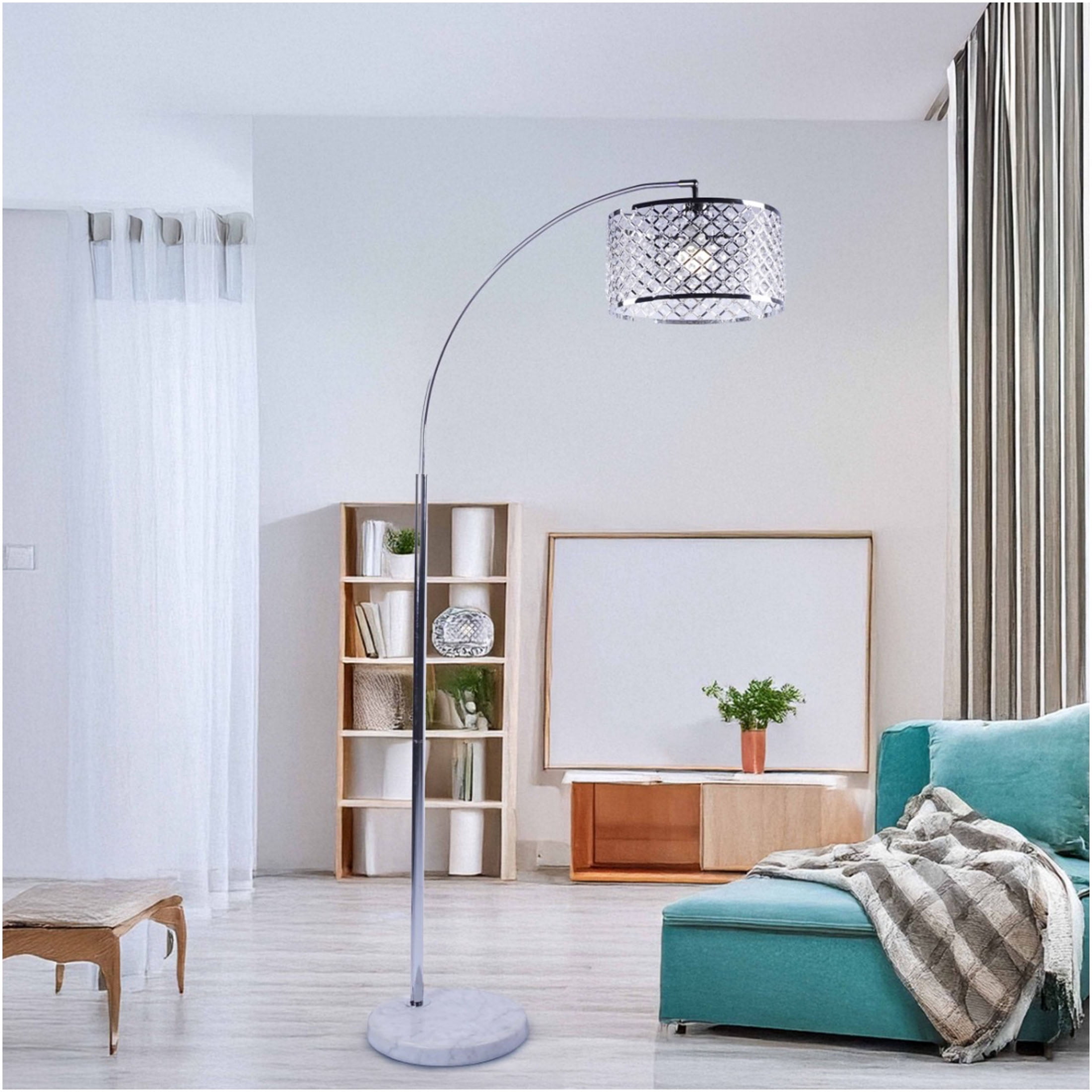 JERFIT Modern Arc Floor Lamp with Crystal Shade, Silver Finish, Marble Base for Living Room, Bedroom Ambient Lighting