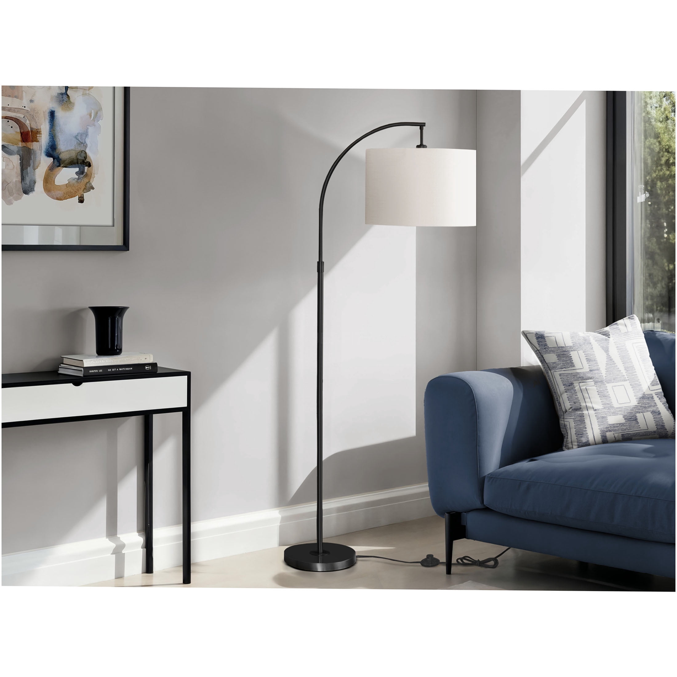 JERFIT Modern Arc Floor Lamp with Drum Shade, Black Metal Standing Lamp for Living Room, Bedroom or Office
