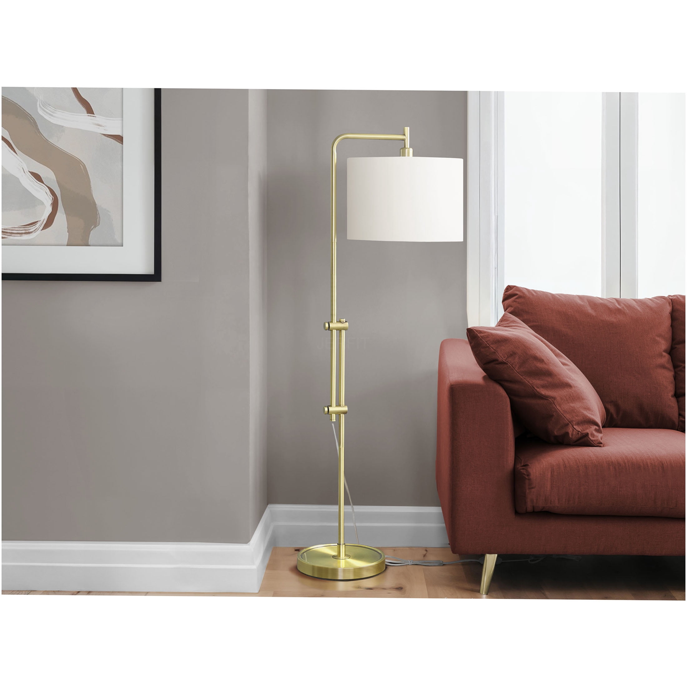 JERFIT Modern Arc Floor Lamp with Drum Shade, Gold Metal Standing Light for Living Room, Reading Nook, Bedroom or Office
