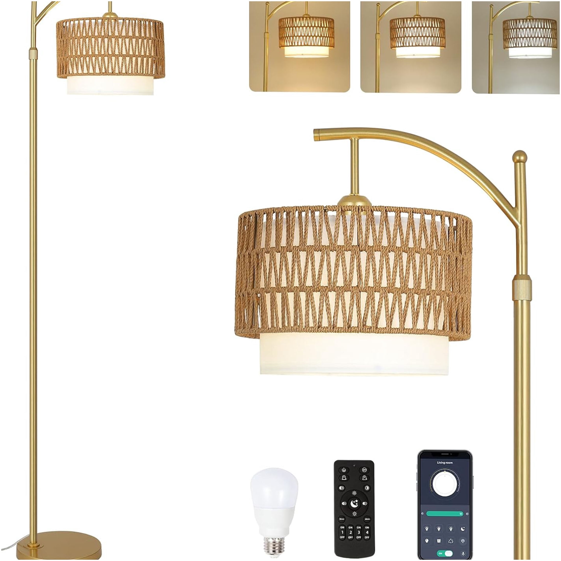 JERFIT Modern Arc Floor Lamp with Remote, Dimmable LED Bulb, Rattan & Fabric Shade for Living Room Bedroom