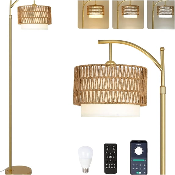 JERFIT Modern Arc Floor Lamp with Remote, Dimmable LED Bulb, Rattan & Fabric Shade for Living Room Bedroom