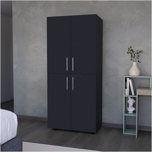JERFIT Modern Armoire Wardrobe with Hanging Rod & Shelves, Freestanding Storage Cabinet for Bedroom, Black Finish