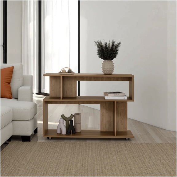 JERFIT Modern Asymmetrical End Table with Storage Shelves, Accent Sofa Side Table for Living Room, Bedroom, Entryway in Oak Finish