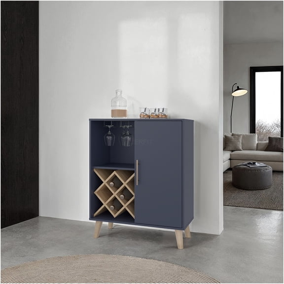 JERFIT Modern Bar Cabinet with Door & Drawer, Natural Oak & Blue Storage Console for Living Room, Entryway