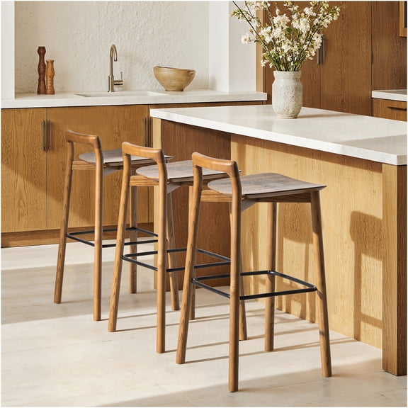 JERFIT Modern Bar Stool, Dark Brown Wood Counter Stool with Iron Footrest, Low Back Solid Ash Wood Stool for Kitchen Island, Dining & Home Decor