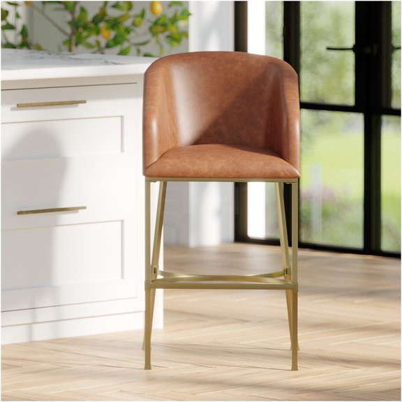 JERFIT Modern Bar Stool with Faux Leather Seat and Gold Frame, Adjustable Height Counter Stool for Kitchen Island, Dining, Pub, Comfortable Swivel Barstool