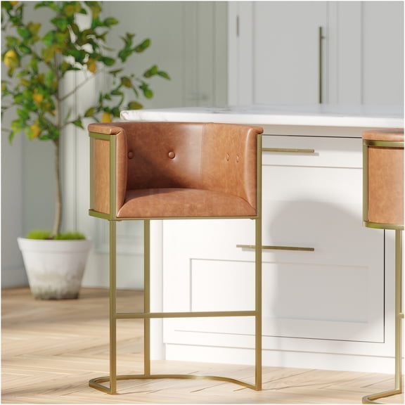 JERFIT Modern Bar Stool with Faux Leather Upholstery and Brass Finish Metal Base, Counter Height and Bar Height Stool for Kitchen Island, Dining, Home Bar