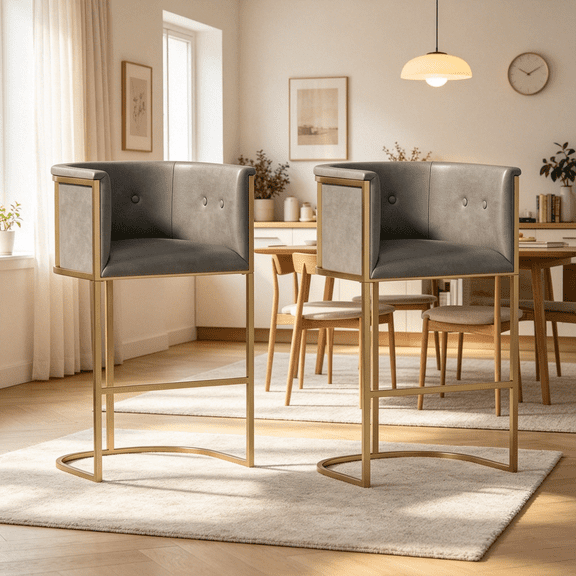 JERFIT Modern Bar Stool with Faux Leather Upholstery and Brass Finish Metal Base for Kitchen Island Counter
