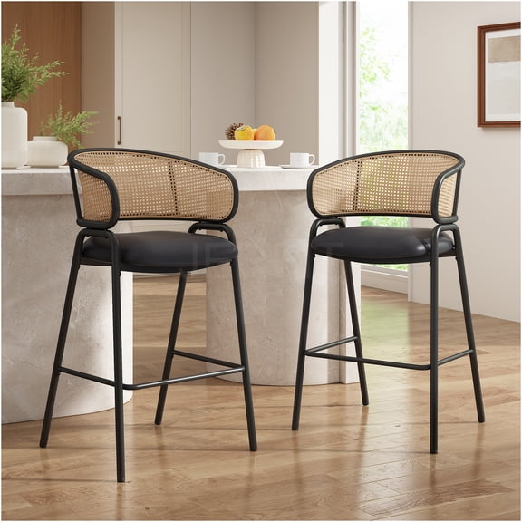 JERFIT Modern Bar Stools Set of 2, Black Counter Stools with Woven Rattan Back, PU Leather Seat, Metal Frame for Kitchen Island, Dining Room
