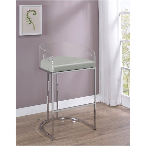 JERFIT Modern Bar Stools Set of 2, Grey Upholstered Counter Height Stools with Chrome Metal Frame and Clear Acrylic Back for Kitchen Island, Home Bar