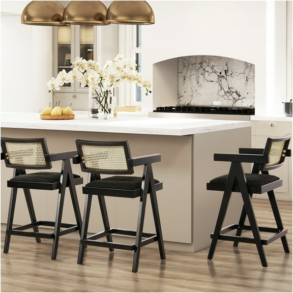 JERFIT Modern Bar Stools Set of 3 with Arms, Boucle Upholstery, Resin Webbing Back, Counter Height Stool for Kitchen Island, Dining, Wet Bar