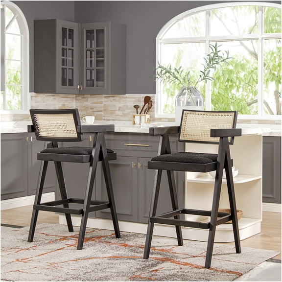JERFIT Modern Bar Stools Set of 3 with Arms, Upholstered Boucle Fabric, Resin Webbing Back, Footrest for Kitchen Island, Counter Height, Black