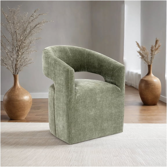 JERFIT Modern Barrel Back Accent Chair with Casters, Plush Upholstered Armchair in Green Fabric for Living Room, Lounge