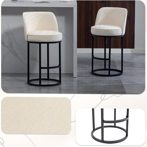 JERFIT Modern Barrel Bar Stools Set of 2 with Backrest, 25" Counter Height Beige Linen Fabric Upholstered Stools for Kitchen Island, Breakfast Nook, Dining& Living Room