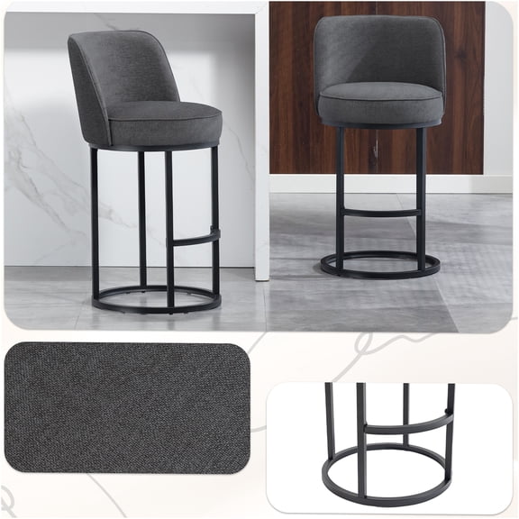 JERFIT Modern Barrel Counter Stools Set of 2 with Backrest, Gray Linen Fabric Upholstered Kitchen Island Bar Height Stools, 25 Inch Seat Height