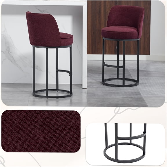 JERFIT Modern Barrel Counter Stools Set of 2 with Backrest, Wine Red Linen Fabric Upholstered Kitchen Island Bar Height Stools, 350LBS Capacity