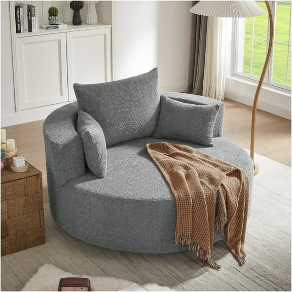 JERFIT Modern Barrel Swivel Chair with Pillows, 360° Rotating Accent Chair, Plush Chenille Upholstery, for Living Room, Bedroom, Office, Grey