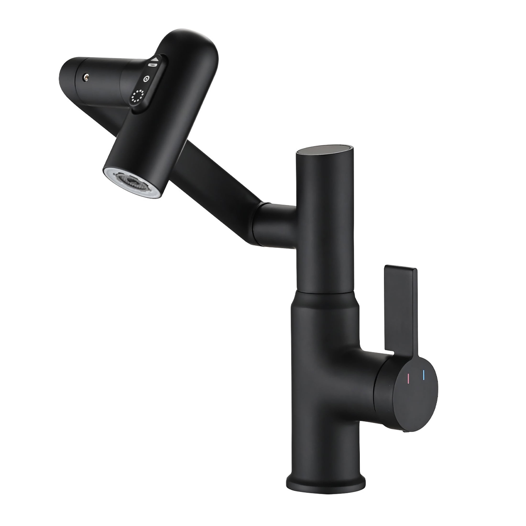 JERFIT Modern Bathroom Sink Faucet with Digital Temperature Display, Pull Down Sprayer, 360° Swivel Spout in Matte Black - Single Hole Installation