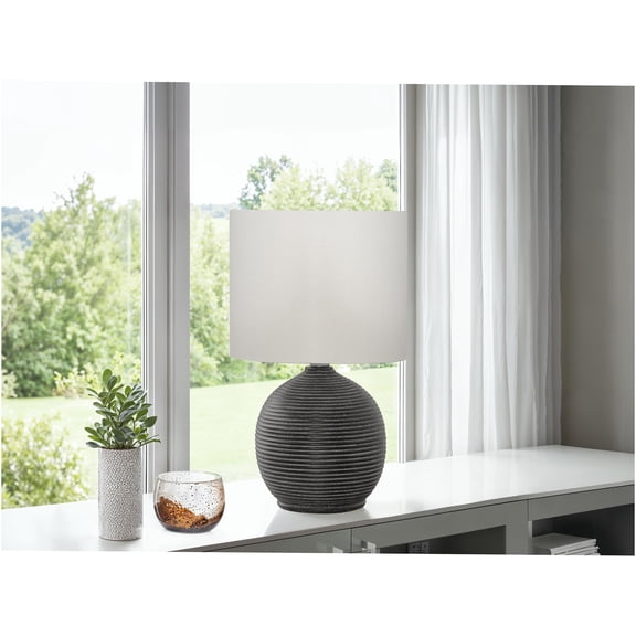 JERFIT Modern Beehive Table Lamp with Drum Shade, Black Polyresin Accent Lighting for Bedroom, Office, Living Room