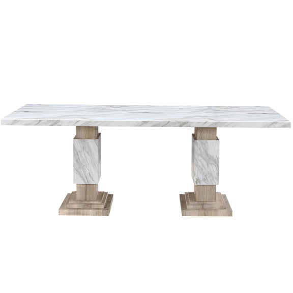 JERFIT Modern Beige Dining Table for 6, Rubber Wood Rectangular Table with Faux Marble Top and Pedestal Base for Dining Room