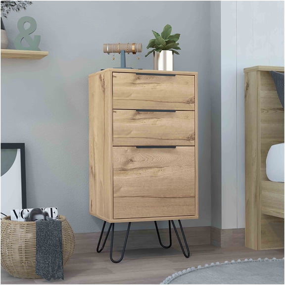 JERFIT Modern Beige Dresser with 3 Drawers & Hairpin Legs, Compact Light Oak Finish Bedroom Storage Chest