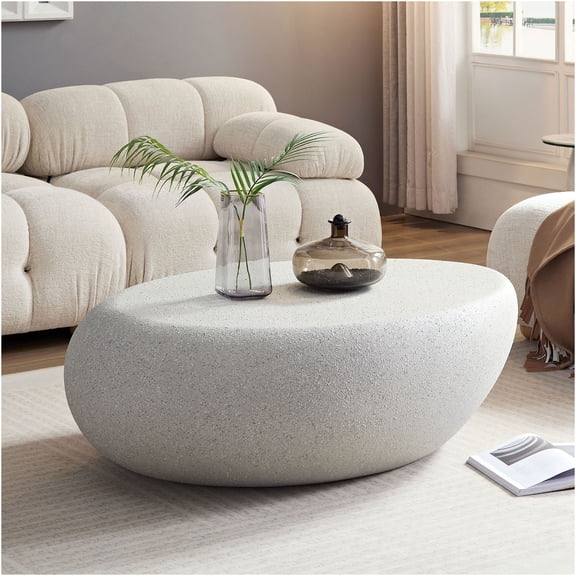 JERFIT Modern Beige Fiberglass Coffee Table for Living Room, 43.3" Elliptical Sofa Table with Matte Rock Texture, Vintage Style Center Table, No Assembly Required