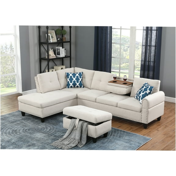 JERFIT Modern Beige Linen L-Shaped Storage Ottoman Sofa with Cup Holders and Pillows for Living Room