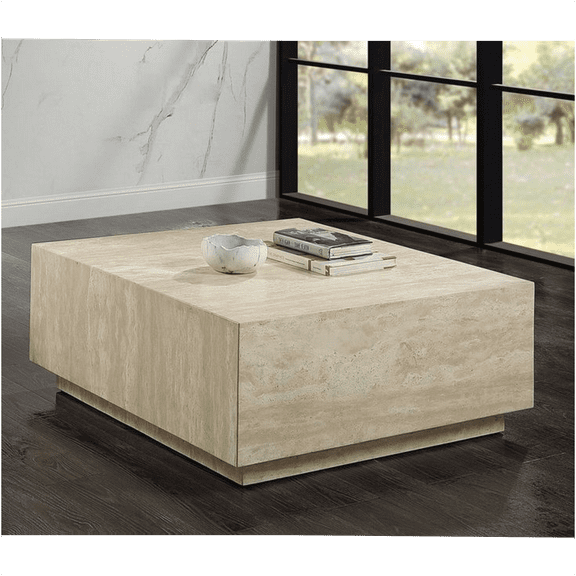JERFIT Modern Beige Travertine Coffee Table, Square Natural Stone Top with Plywood Base for Living Room, Sofa Table, No Assembly Required